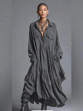 NWT Modesees Maxi Shirt Dress Sz L Relaxed Oversized Gray Gauze Cottagecore